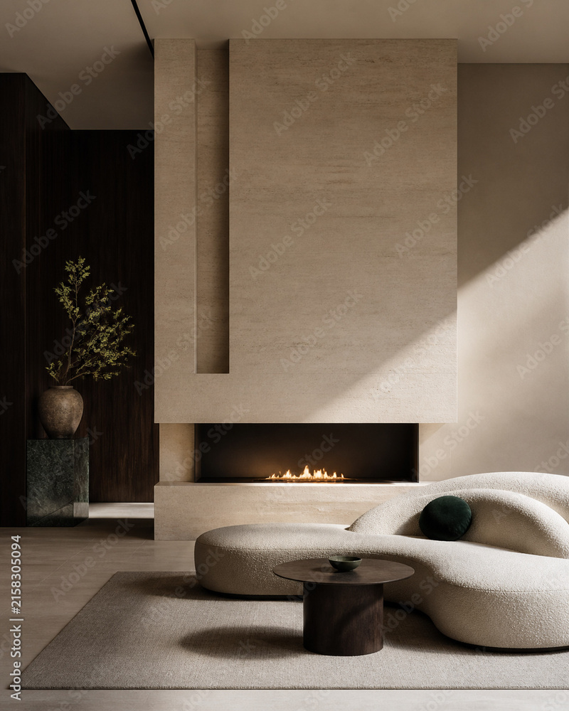 Fototapeta premium Modern minimalist living room interior with cozy beige sofa, fireplace, and large stone wall panel. Elegant architectural design concept for luxury home decor and warm space.