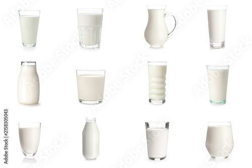 Fotografie Assortment of fresh milk in various glass containers and bottles, dairy products