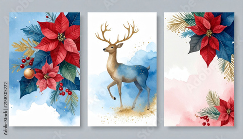 Watercolor Christmas card template set featuring elegant poinsettia, reindeer, and gold holiday decorations on soft background