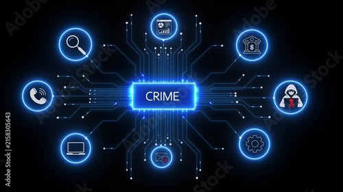 Cyber crime digital network concept with hacker and security glowing blue technology interface for cybersecurity and data protection analysis