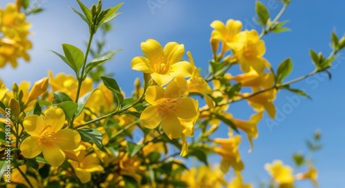Bright Yellow Flowers Blooming Against Clear Blue Sky.