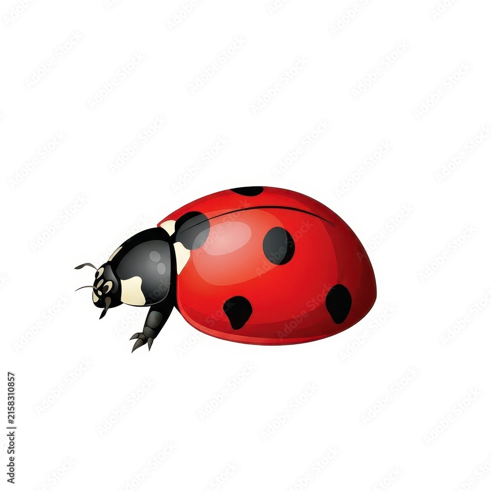 Naklejka premium Bright red ladybug with black spots on white background.