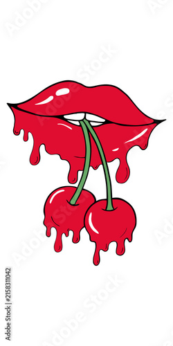 A stylized illustration of bright red lips with white teeth biting into two pink cherries, with all elements melting and dripping