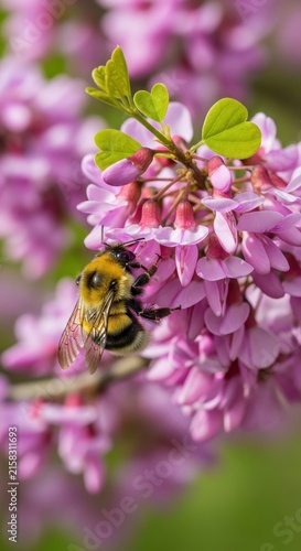 Bumblebee Pollinating Pink Redbud Flowers in Spring.