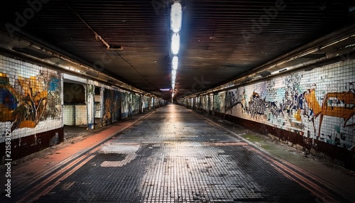 urban decay in a disused subway station with broken tiles graffiti and eerie dim lighting