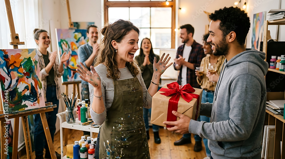 Obraz premium Joyful Art Studio Gift Exchange Celebrating Southern Hemisphere Spring Summer Vibes The joy of receiving a gift box