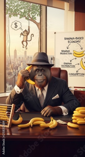 Business Gorilla Talking on Banana Phone in Office.