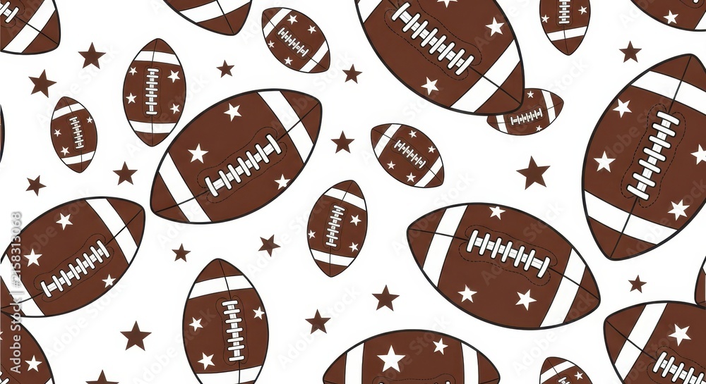 Brown footballs and stars on white seamless background pattern.