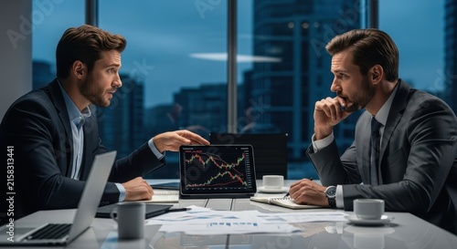 Business colleagues discussing financial charts in office meeting.