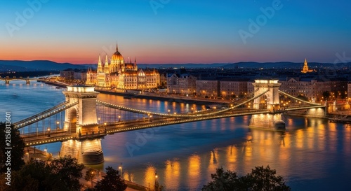 Budapest Chain Bridge and Parliament at Dusk.