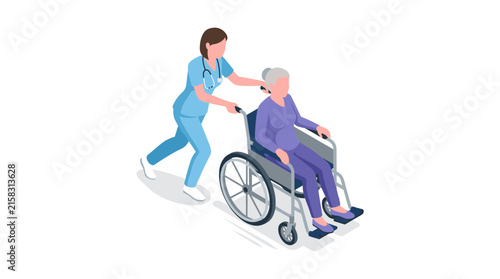 Bild auf Leinwand Nurse vector pushing elderly patient in wheelchair