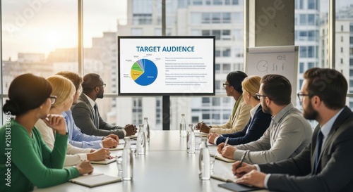 Business meeting with target audience presentation in modern office.