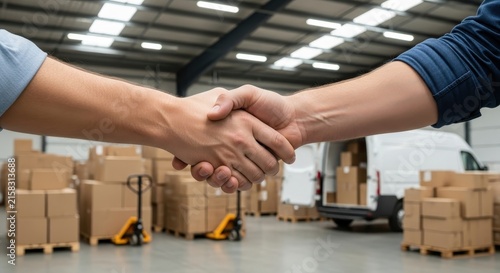 Business partners shaking hands in a warehouse setting.