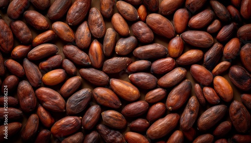 abundant raw organic cocoa beans spread evenly as a background texture for chocolate production and confectionery business concepts