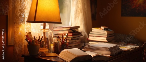 Cozy desk with books lamp and stationery