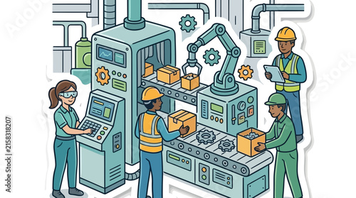 Modern factory workers operating automated production line with robots.