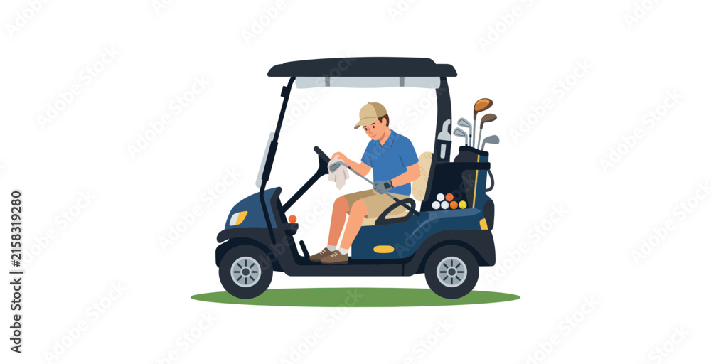 Naklejka premium Man driving a golf cart with clubs and balls.