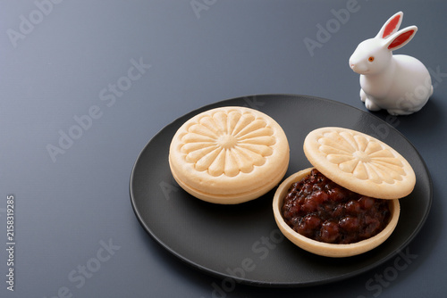 Monaka wagashi with azuki red bean paste, rabbit and copy space