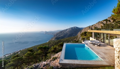luxury vila nestled in mountains with modern pool and beautiful view on sea