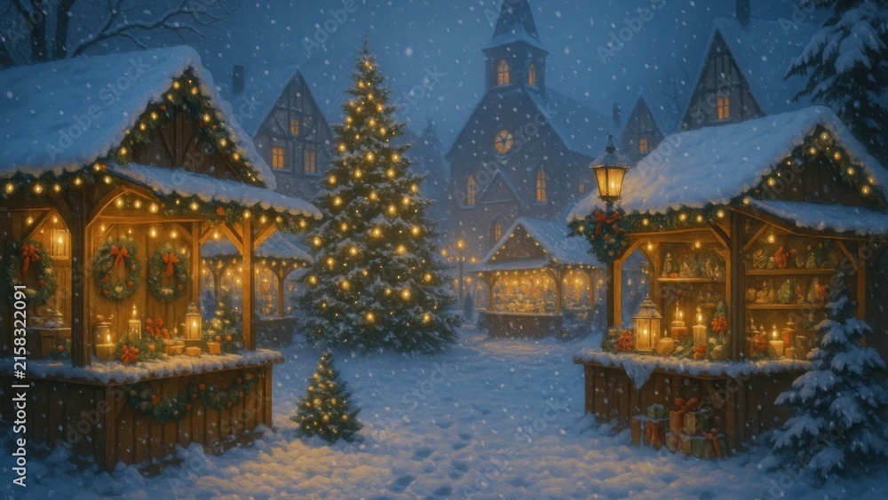 Fototapeta premium Festive snowy village scene