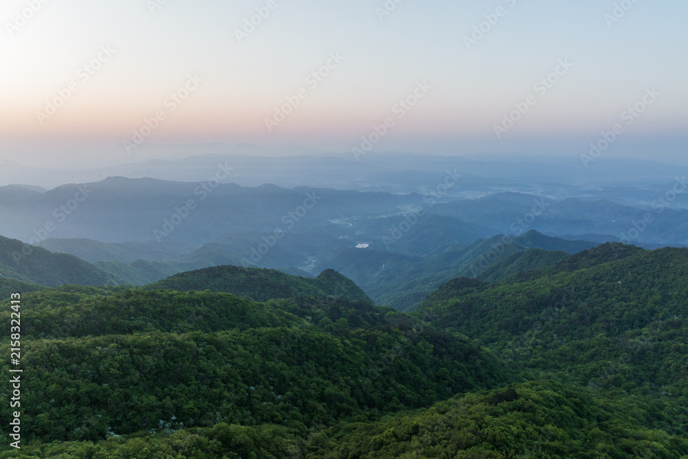 Fototapeta premium Layered mountain ranges covered with dense green forest, seen at dawn with soft mist and pale sky.