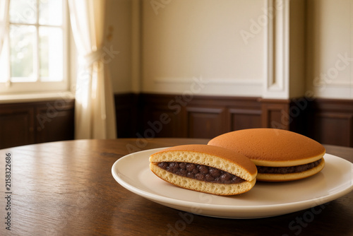 Dorayaki wagashi with azuki filling and copy space in vintage room