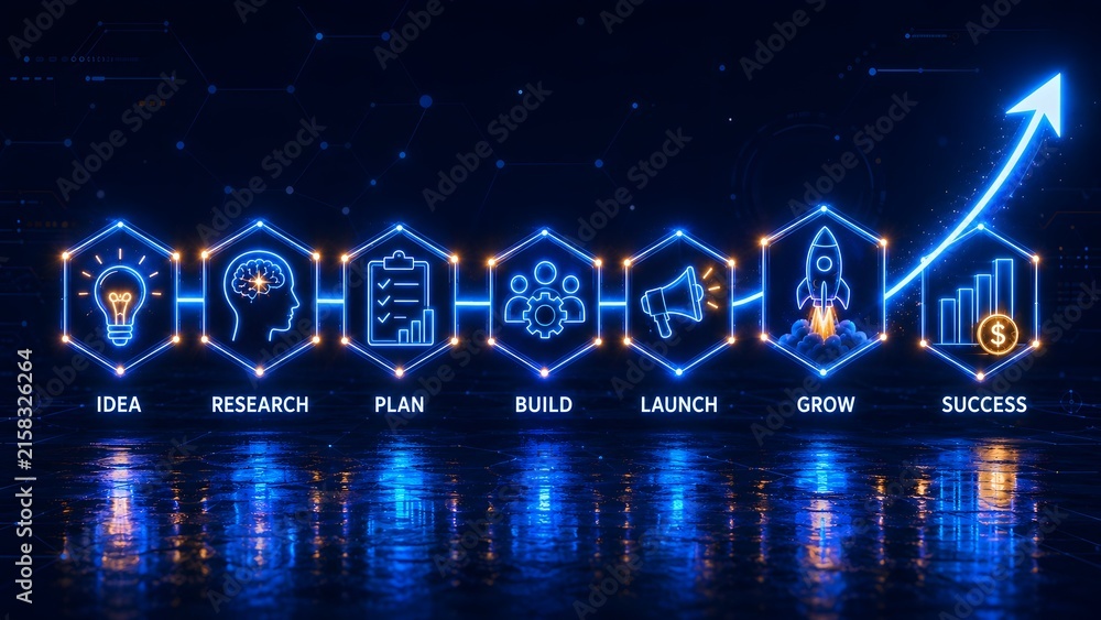 Naklejka premium Glowing blue hexagonal startup roadmap timeline showing business process from idea to financial success with upward growth arrow.
