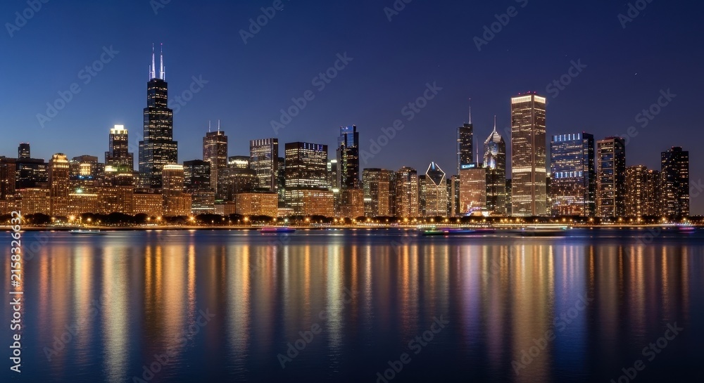 Naklejka premium Chicago Skyline Night Reflection Over Calm Water.