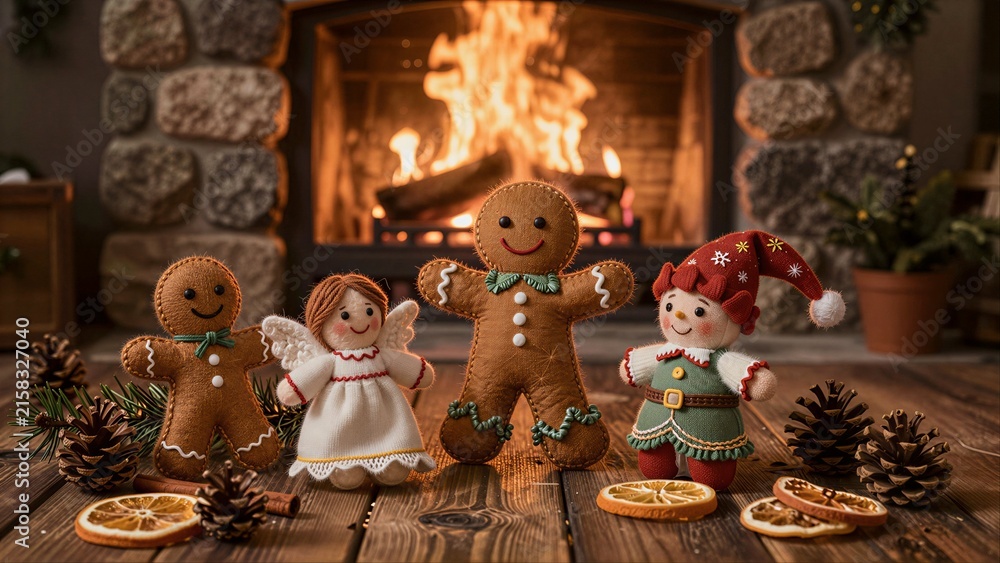 Naklejka premium Cozy Christmas scene with gingerbread figures, angel, and elf by fireplace.