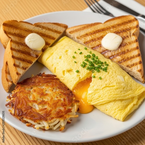 Classic Breakfast Plate with Omelette and Hash Browns.