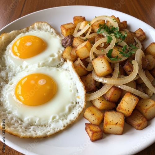 Classic Breakfast Plate with Fried Eggs and Potatoes.