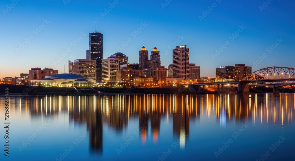 Naklejka premium City skyline reflected in calm water at dusk.