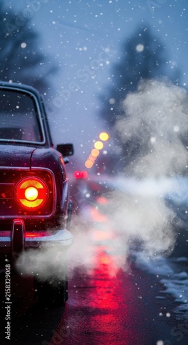 Classic Car Exhaust Smoke on Snowy Road at Night.