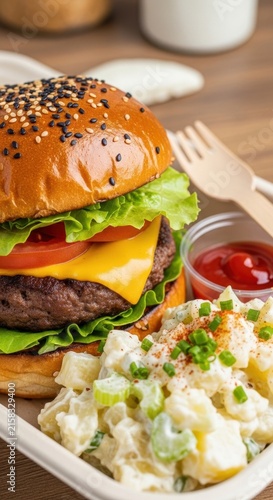 Classic Cheeseburger with Potato Salad and Ketchup on Wooden Table.