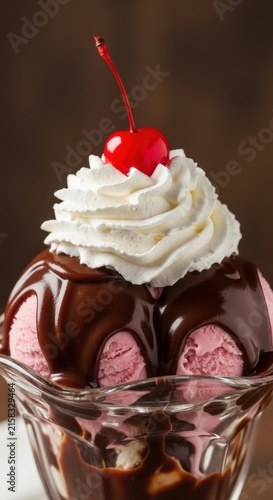 Classic Chocolate Ice Cream Sundae with Whipped Cream and Cherry.
