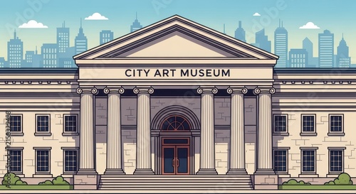 Classic City Art Museum Building with Columns and Skyline.