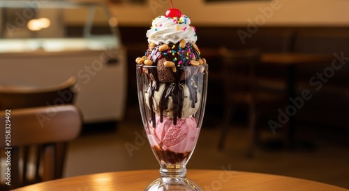 Classic Chocolate Sundae with Whipped Cream and Cherry.