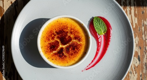 Classic Creme Brulee Dessert with Chili Garnish.