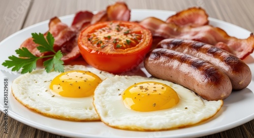 Classic English Breakfast Plate with Eggs Bacon and Sausages.