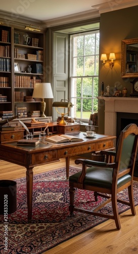 Classic Home Library Study Room with Wooden Desk.