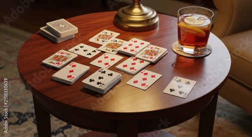 Classic playing cards and whiskey on wooden table.