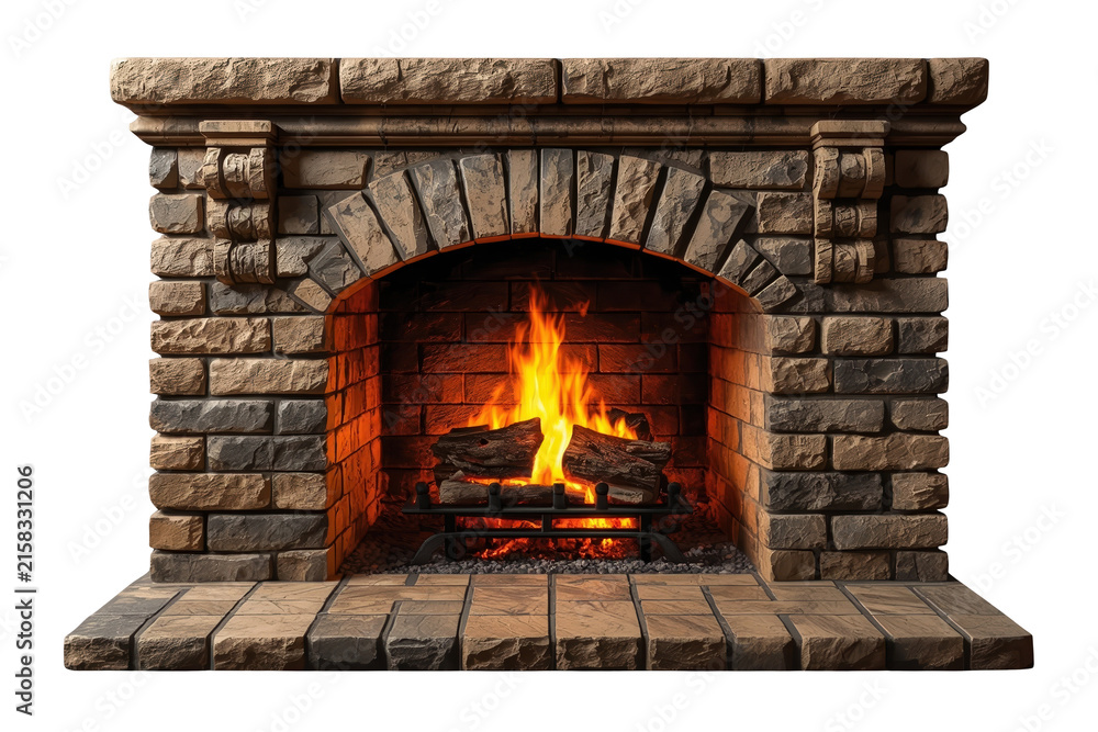 Fototapeta premium Rustic stone fireplace with burning logs isolated on transparent background