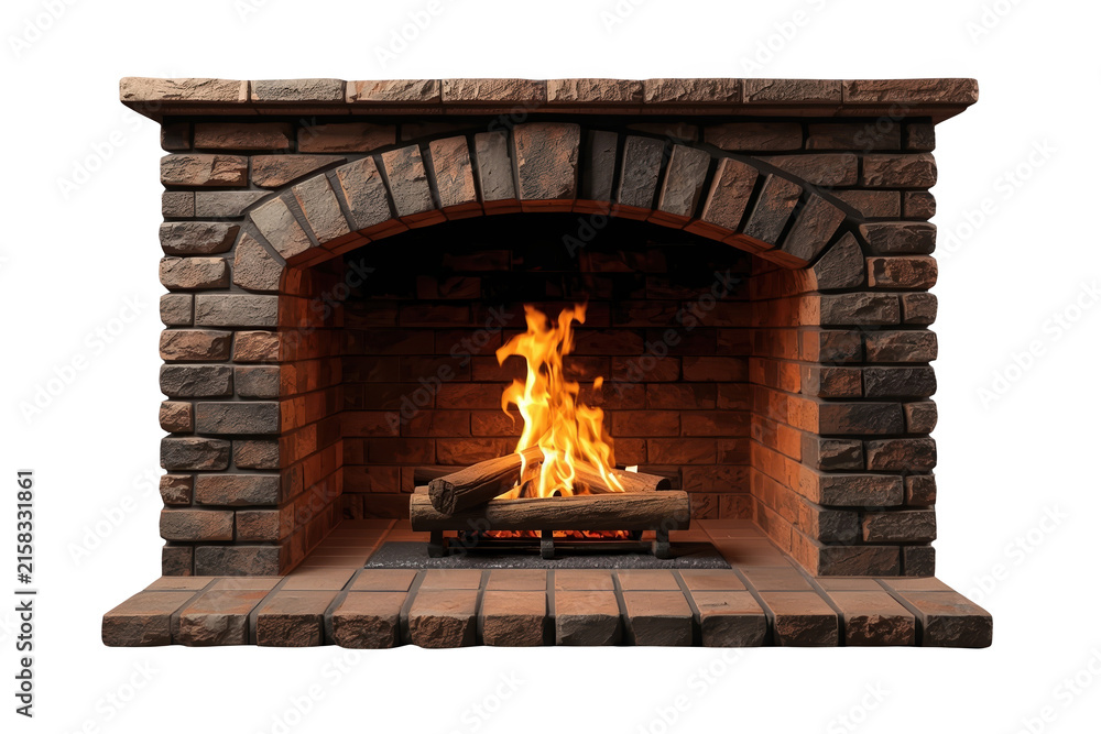 Fototapeta premium Brick and stone fireplace with active flame isolated on transparent background