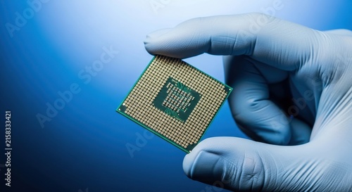 Obraz na płótnie Close up of a computer processor chip in gloved hand.