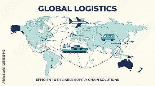 Global logistics network infographic illustrating efficient and reliable supply chain solutions