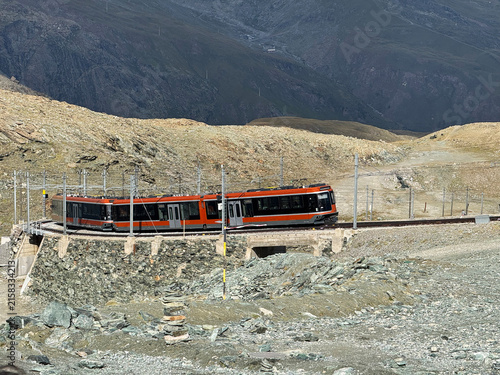 Gornergrat Railway, famous electric cogwheel mountain train in Alps and Switzerland - Gornergratbahn oder Gornergrat Bahn, berühmte elektrische Zahnradbahn in den Alpen und der Schweiz