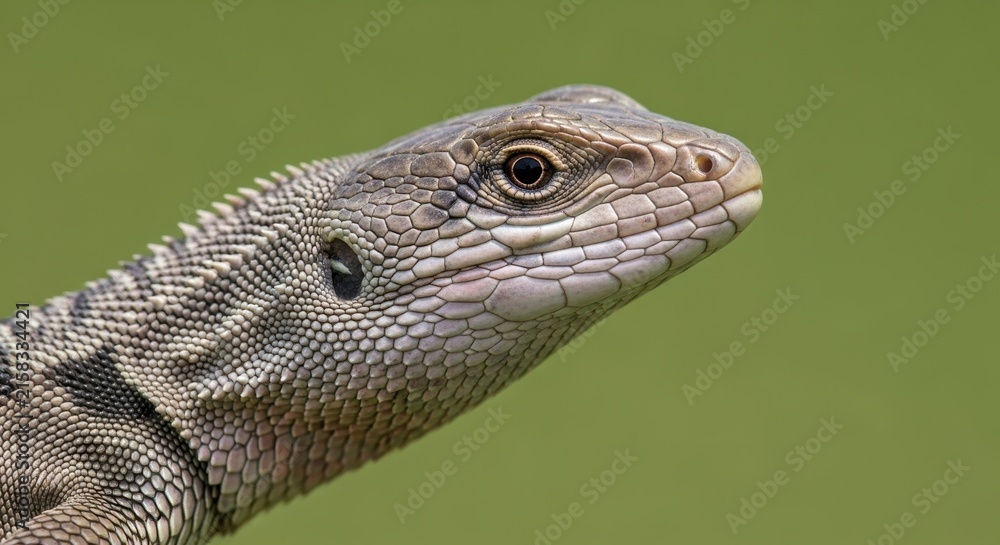 Fototapeta premium Close up of a textured lizard head on green background.