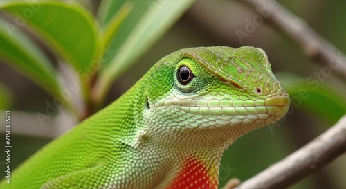 Close up of a vibrant green lizard in natural habitat.