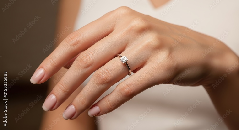 Fototapeta premium Close up of elegant hand with diamond engagement ring.
