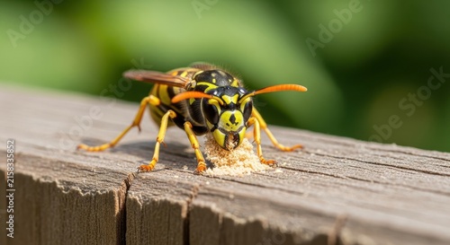 Close up of a wasp on a wooden surface outdoors.